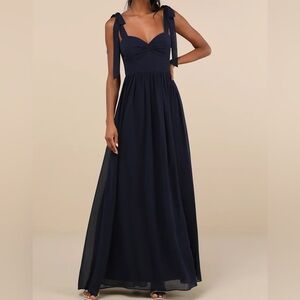 Lulus Radiant Charisma Navy Chiffon Ruffled Tie Strap Maxi Dress 2X